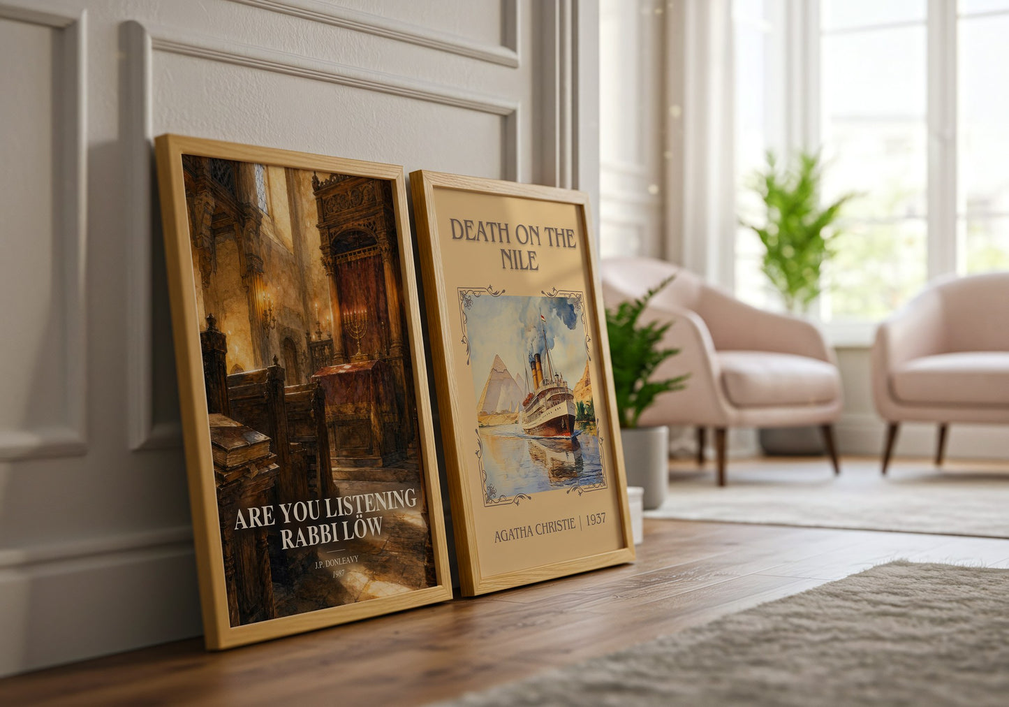 Are You Listening Rabbi Löw watercolour print framed by window – literary home decor