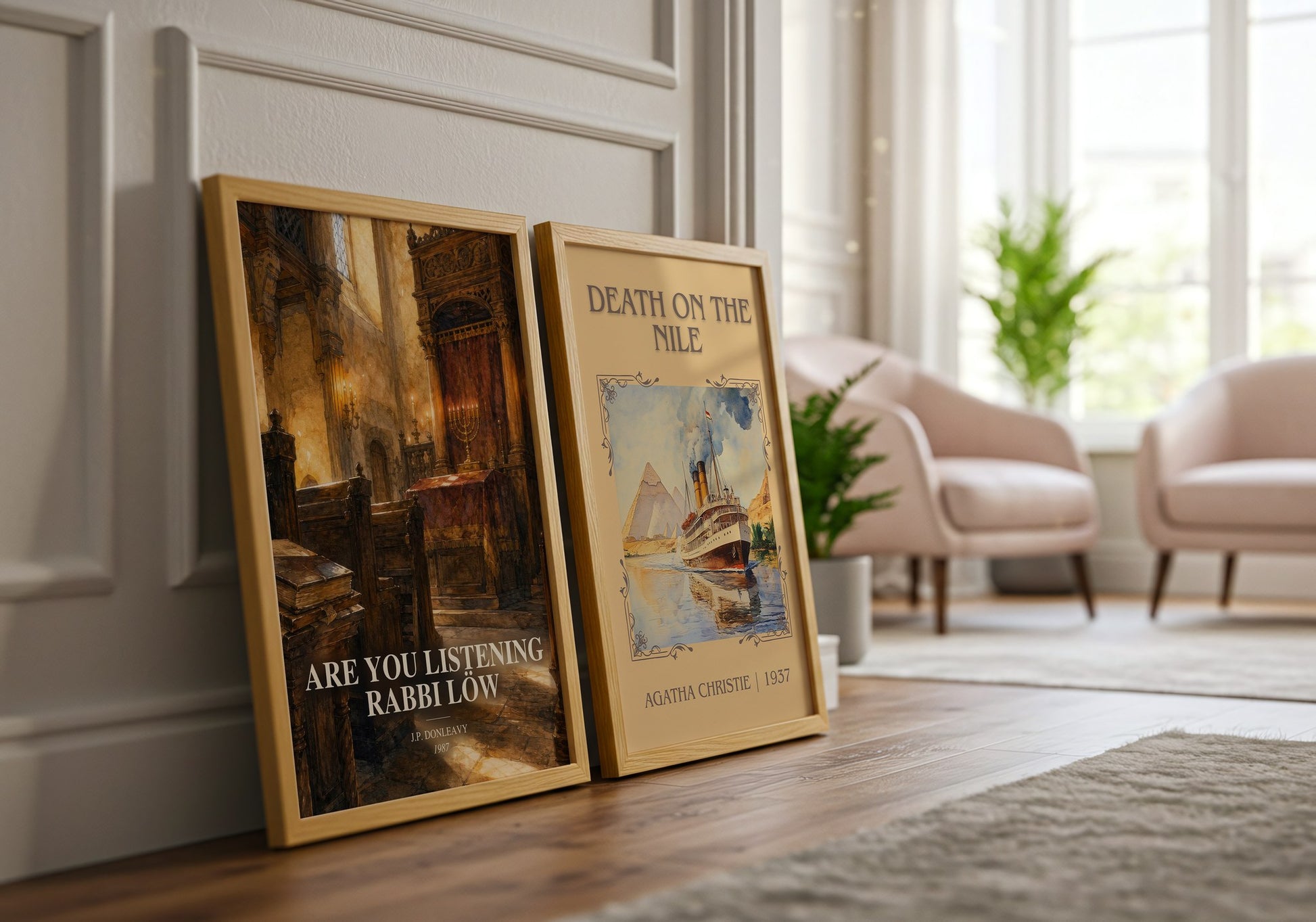Are You Listening Rabbi Löw watercolour print framed by window – literary home decor