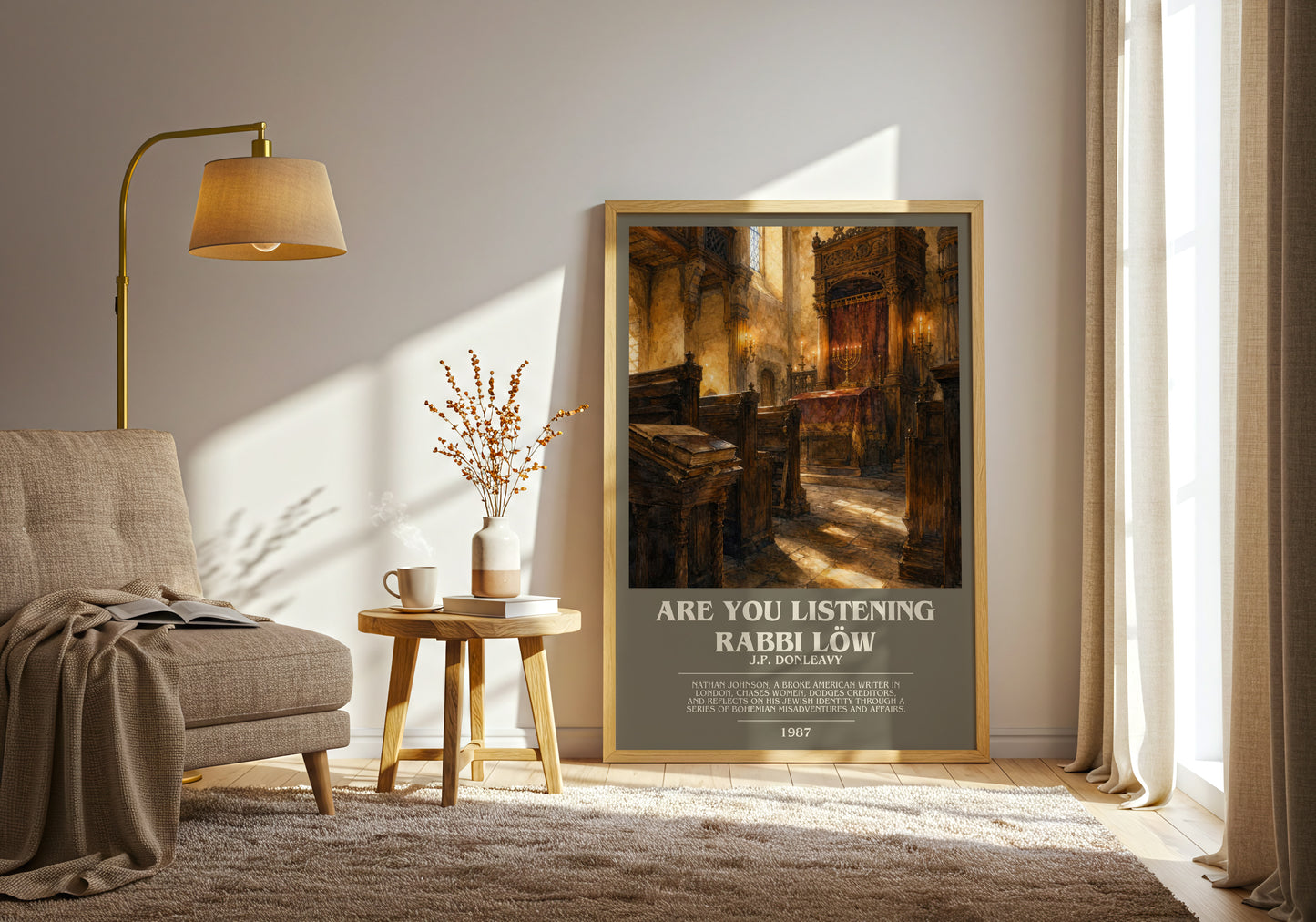 Are You Listening Rabbi Löw bookish print on bookshelf – J.P. Donleavy fan gift