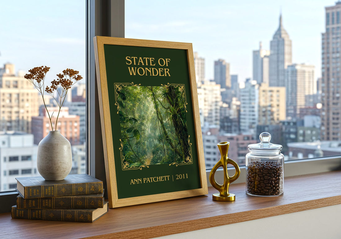 State of Wonder Classic Book Art Print by Ann Patchett – framed print on a city-view windowsill