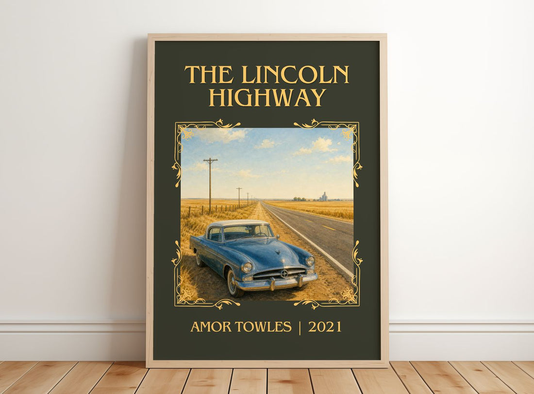The Lincoln Highway Classic Book Art Print by Amor Towles – framed print leaning on a wooden floor