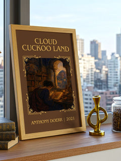 Cloud Cuckoo Land Classic Book Art Print by Anthony Doerr – framed print on a city-view windowsill