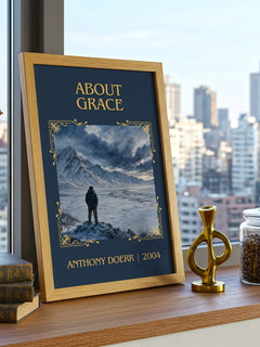 About Grace Classic Book Art Print by Anthony Doerr – framed print on a city-view windowsill