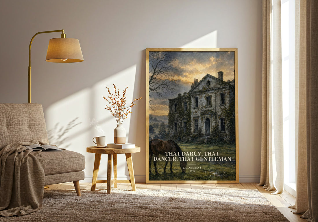 That Darcy, That Dancer, That Gentleman watercolour print in frame leaning in hallway – literary fiction wall art (mockup)