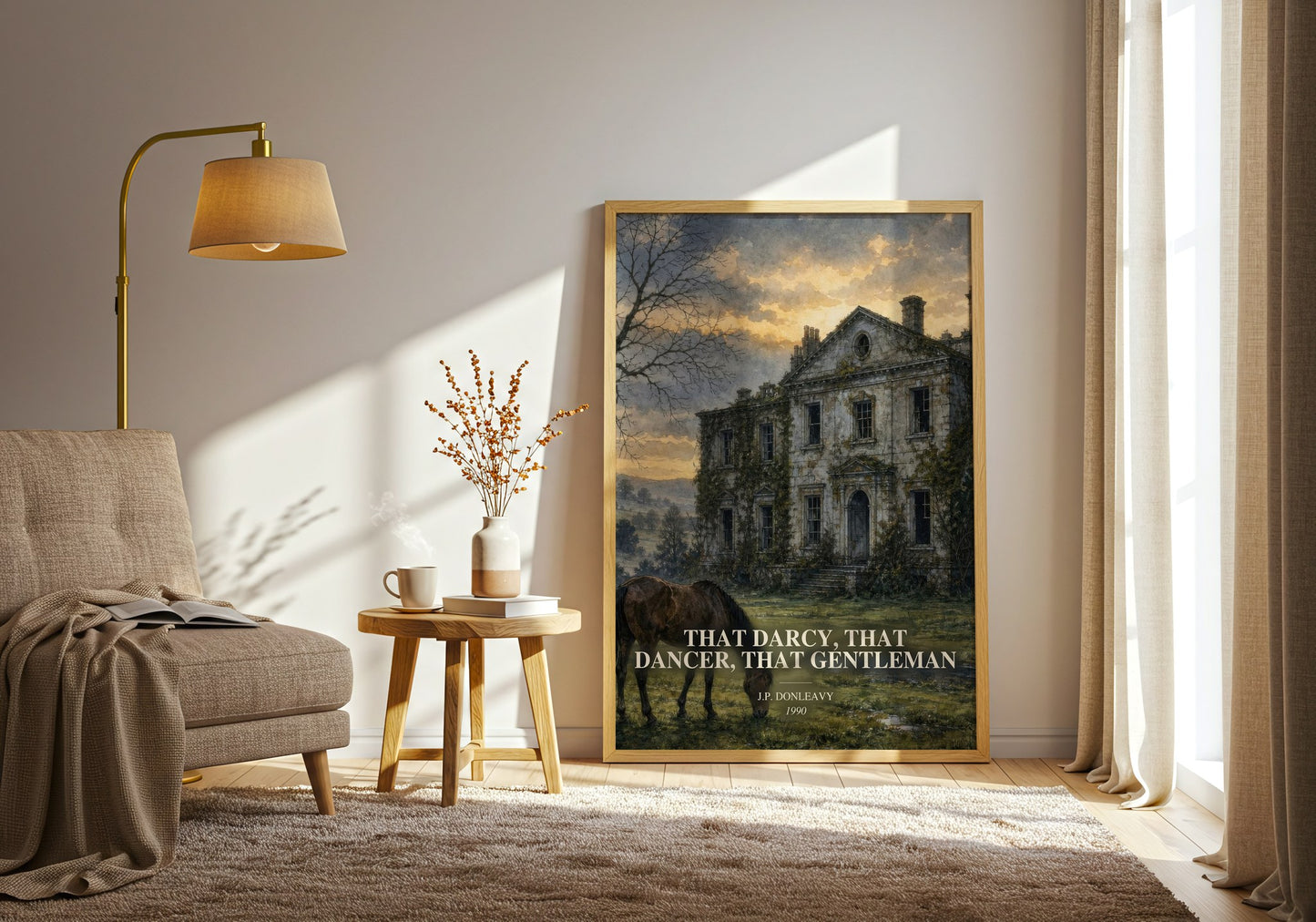 That Darcy, That Dancer, That Gentleman watercolour print in frame leaning in hallway – literary fiction wall art