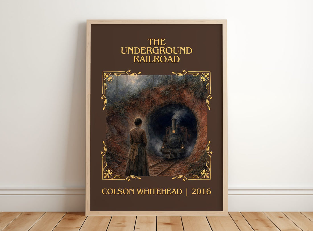 The Underground Railroad Classic Book Art Print by Colson Whitehead – framed print leaning on a wooden floor
