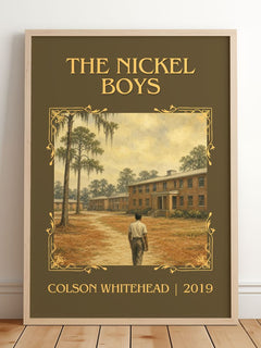 The Nickel Boys Classic Book Art Print by Colson Whitehead – framed print leaning on a wooden floor