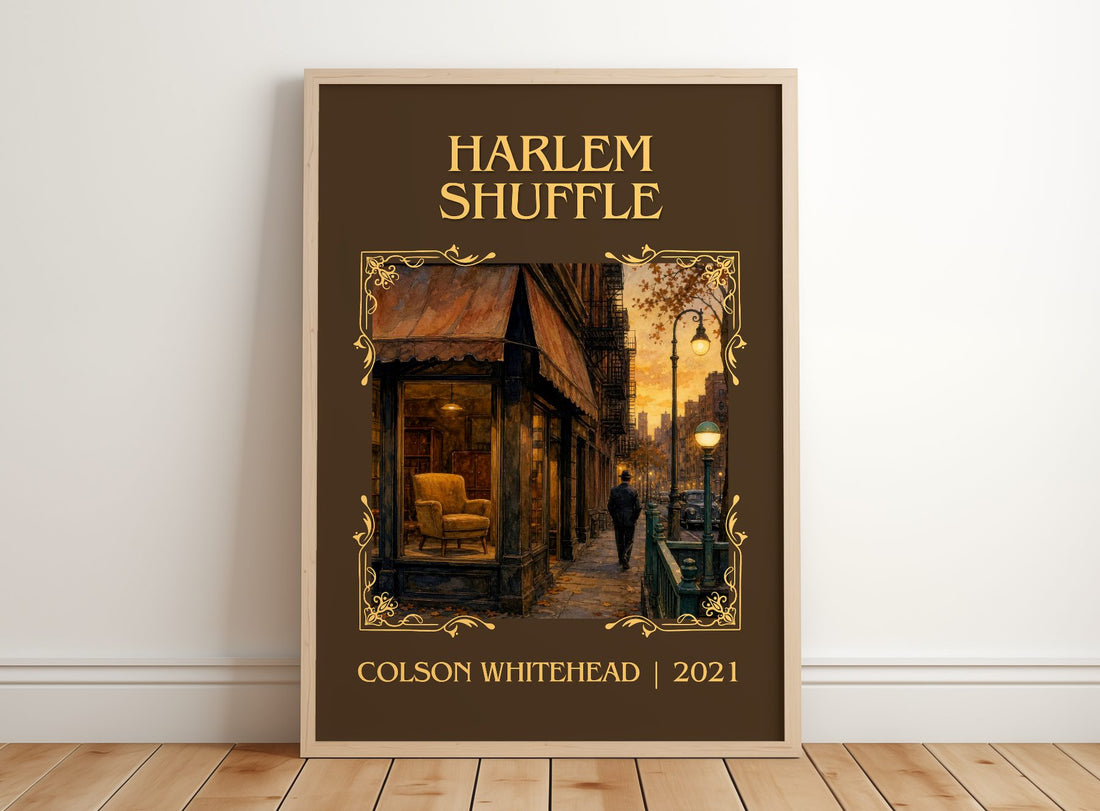 Harlem Shuffle Classic Book Art Print by Colson Whitehead – framed print leaning on a wooden floor