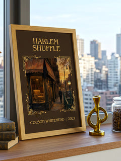 Harlem Shuffle Classic Book Art Print by Colson Whitehead – framed print on a city-view windowsill