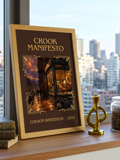 Crook Manifesto Classic Book Art Print by Colson Whitehead – framed print on a city-view windowsill