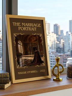 The Marriage Portrait Classic Book Art Print by Maggie O'Farrell – framed print on a city-view windowsill