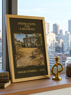 Instructions for a Heatwave Classic Book Art Print by Maggie O'Farrell – framed print on a city-view windowsill