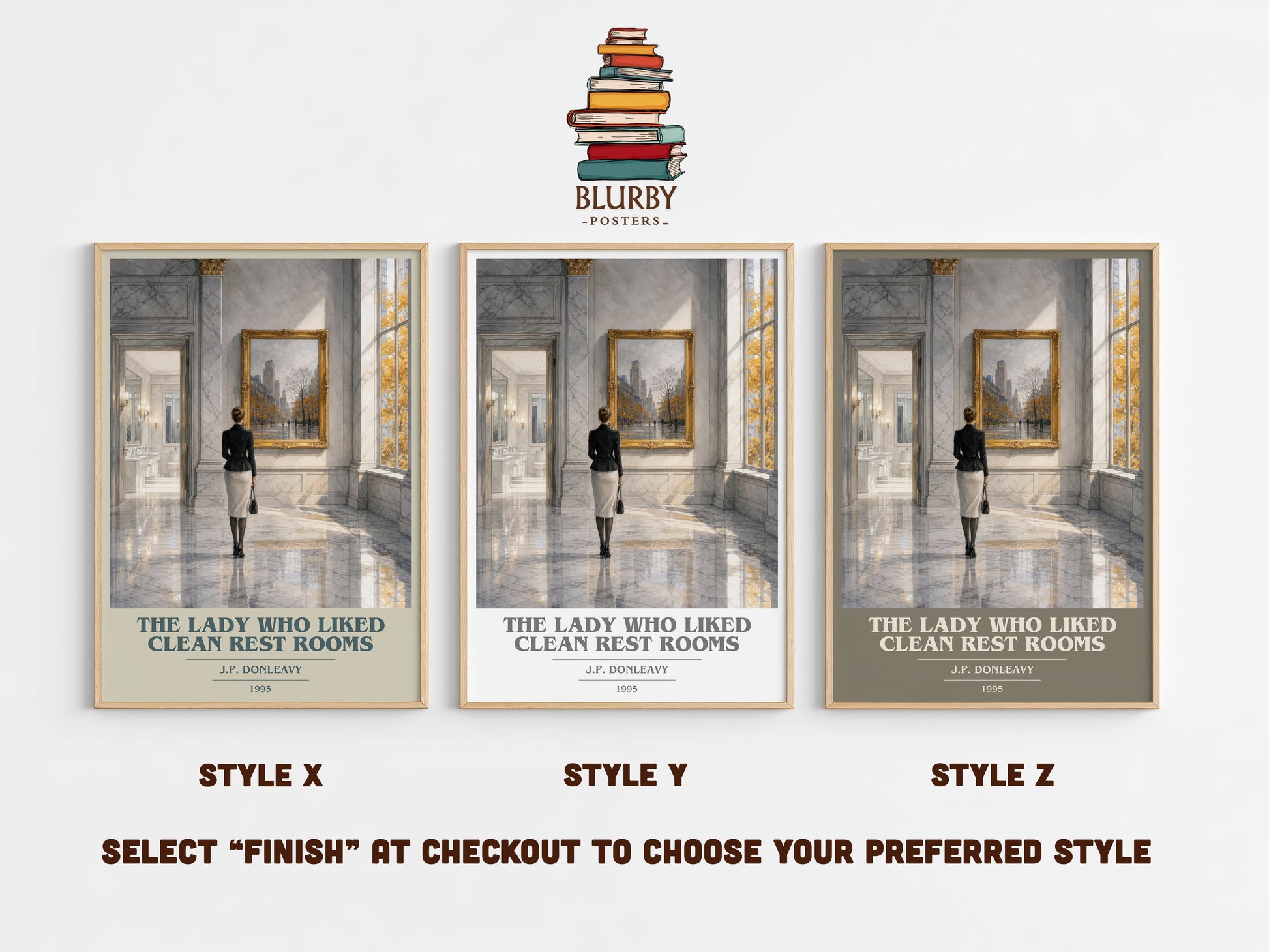 The Lady Who Liked Clean Rest Rooms book cover print in frame leaning in hallway – literary fiction wall art