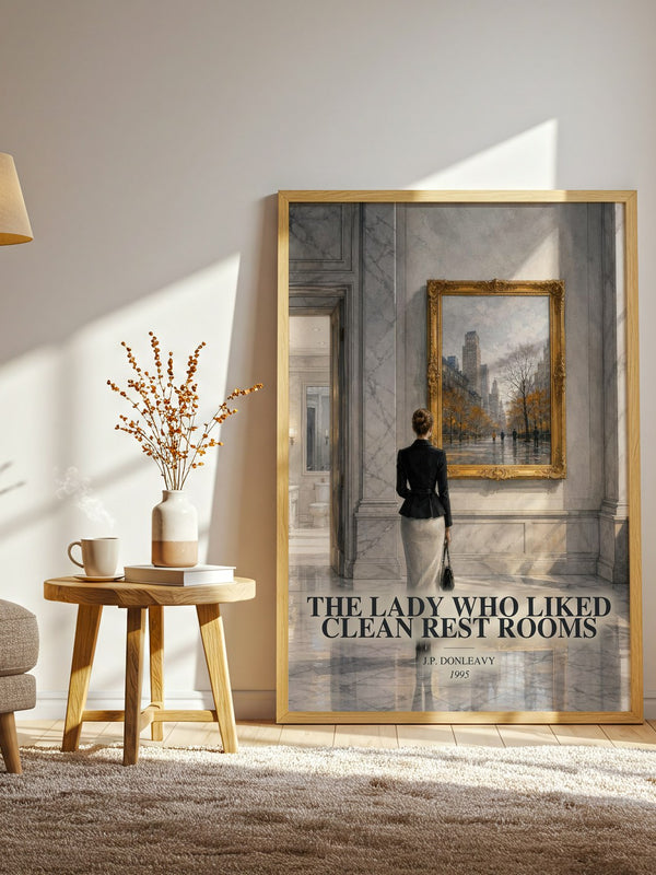 The Lady Who Liked Clean Rest Rooms watercolour print in frame leaning in hallway – literary fiction wall art
