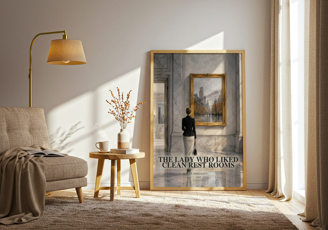 The Lady Who Liked Clean Rest Rooms watercolour print in frame leaning in hallway – literary fiction wall art (mockup)