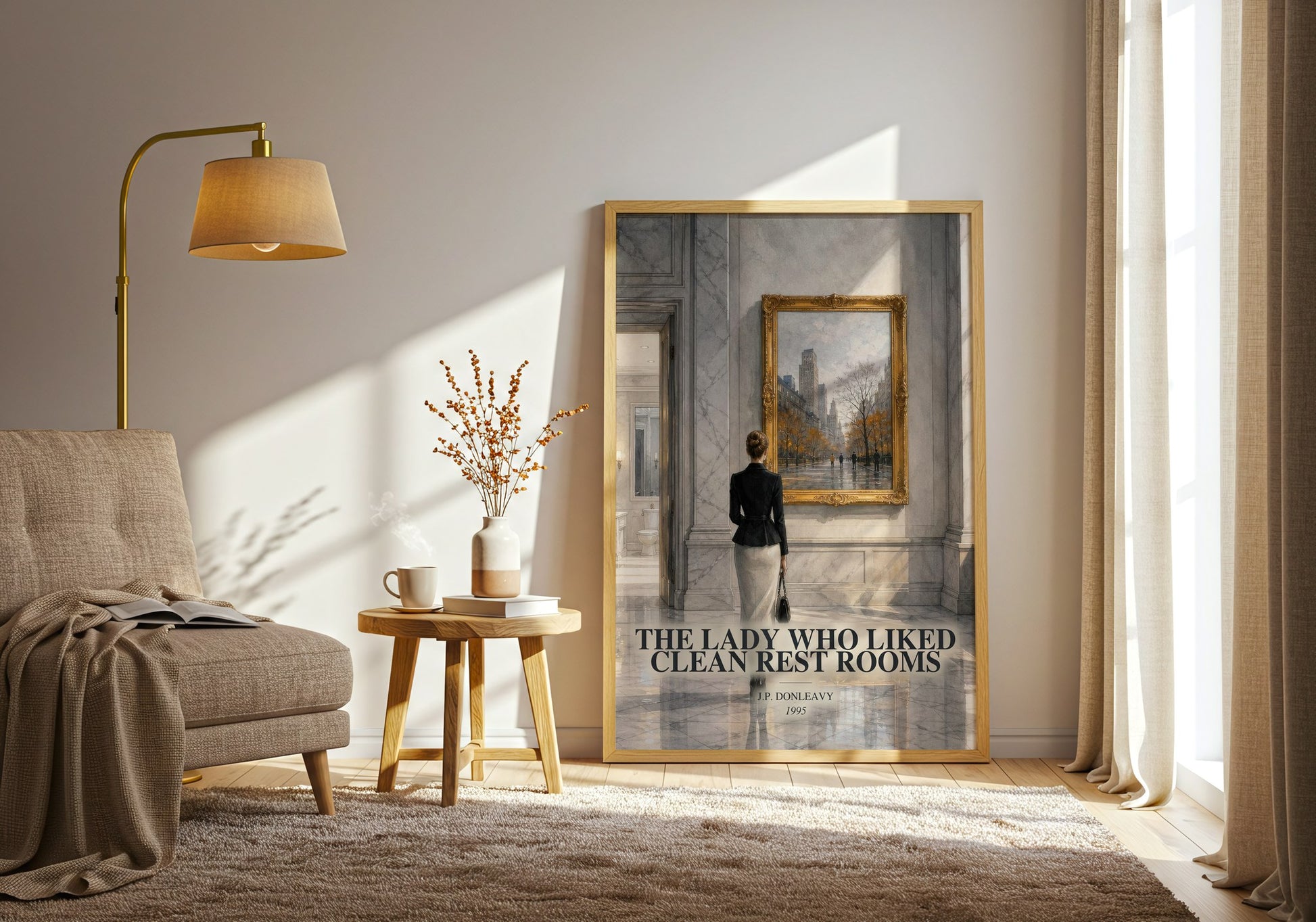 The Lady Who Liked Clean Rest Rooms watercolour print in frame leaning in hallway – literary fiction wall art