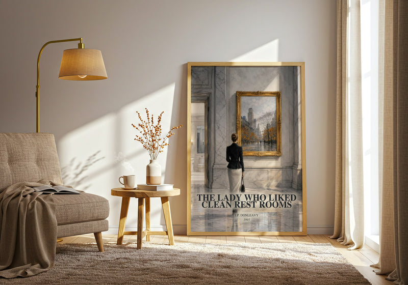 The Lady Who Liked Clean Rest Rooms watercolour print in frame leaning in hallway – literary fiction wall art