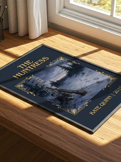 The Huntress Classic Book Art Print by Kate Quinn – print on a sunlit desk