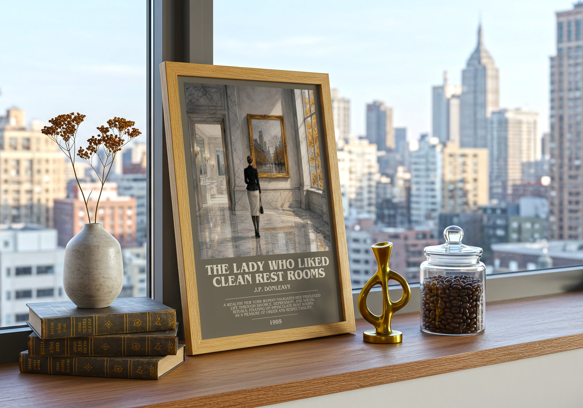 The Lady Who Liked Clean Rest Rooms bookish print framed by window – literary home decor