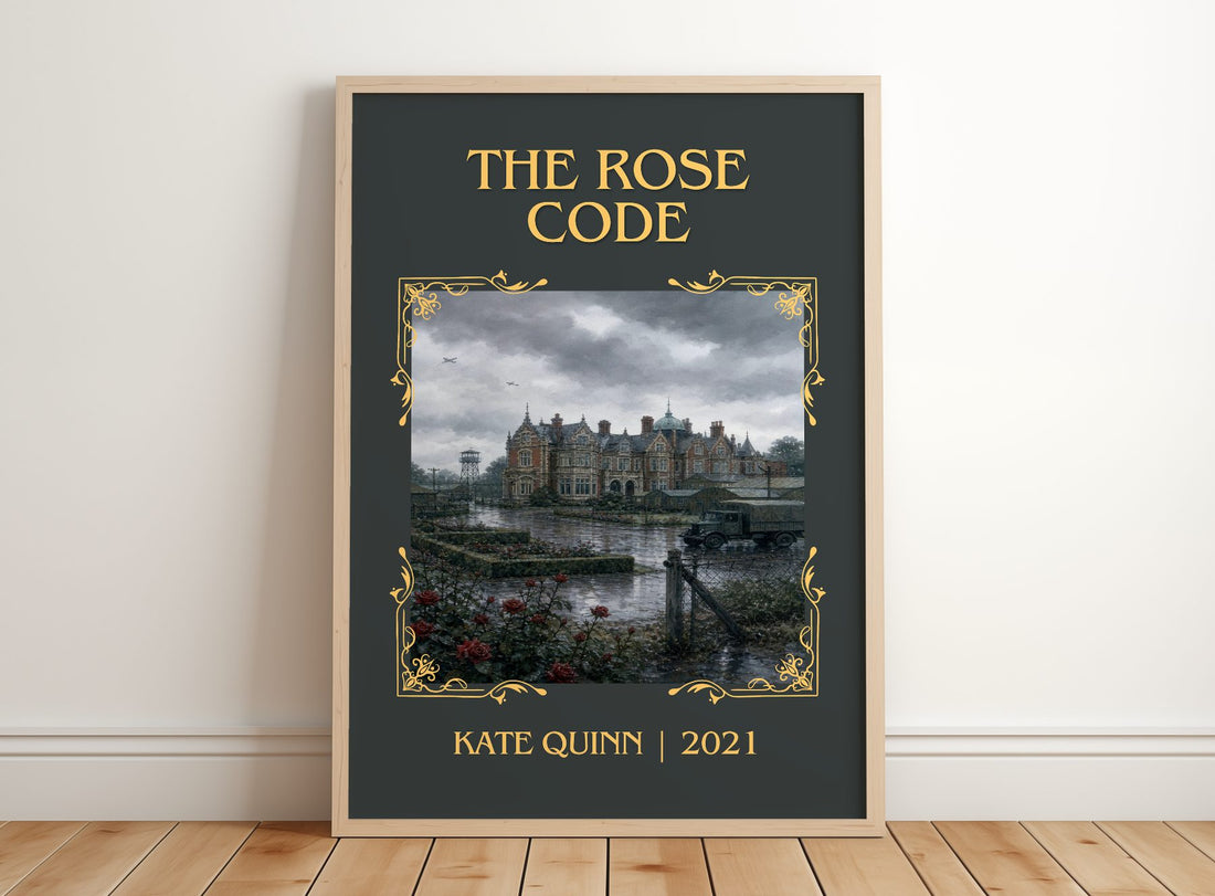 The Rose Code Classic Book Art Print by Kate Quinn – framed print leaning on a wooden floor