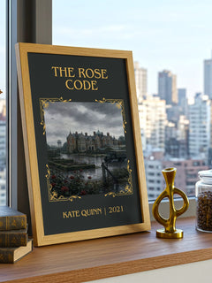 The Rose Code Classic Book Art Print by Kate Quinn – framed print on a city-view windowsill