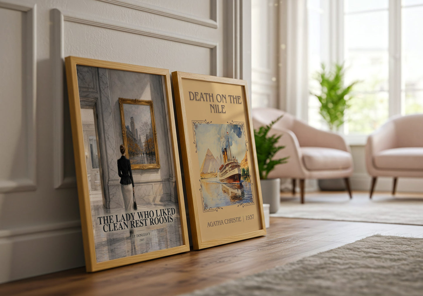 The Lady Who Liked Clean Rest Rooms watercolour print framed by window – literary home decor