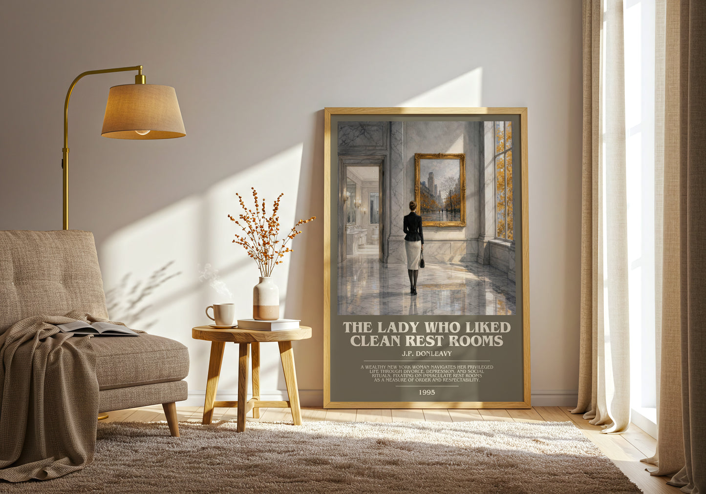 The Lady Who Liked Clean Rest Rooms bookish print on bookshelf – J.P. Donleavy fan gift