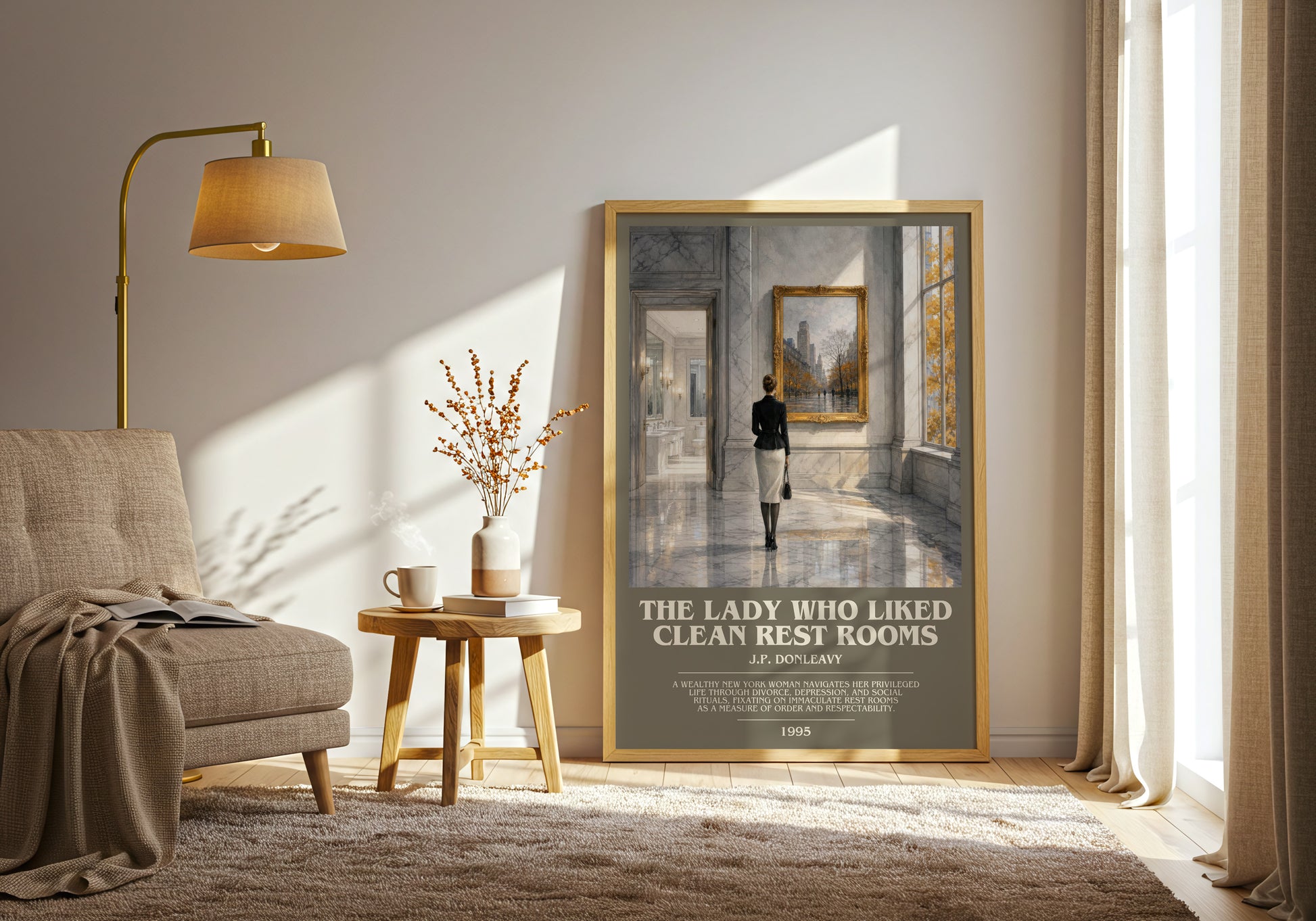 The Lady Who Liked Clean Rest Rooms bookish print on bookshelf – J.P. Donleavy fan gift