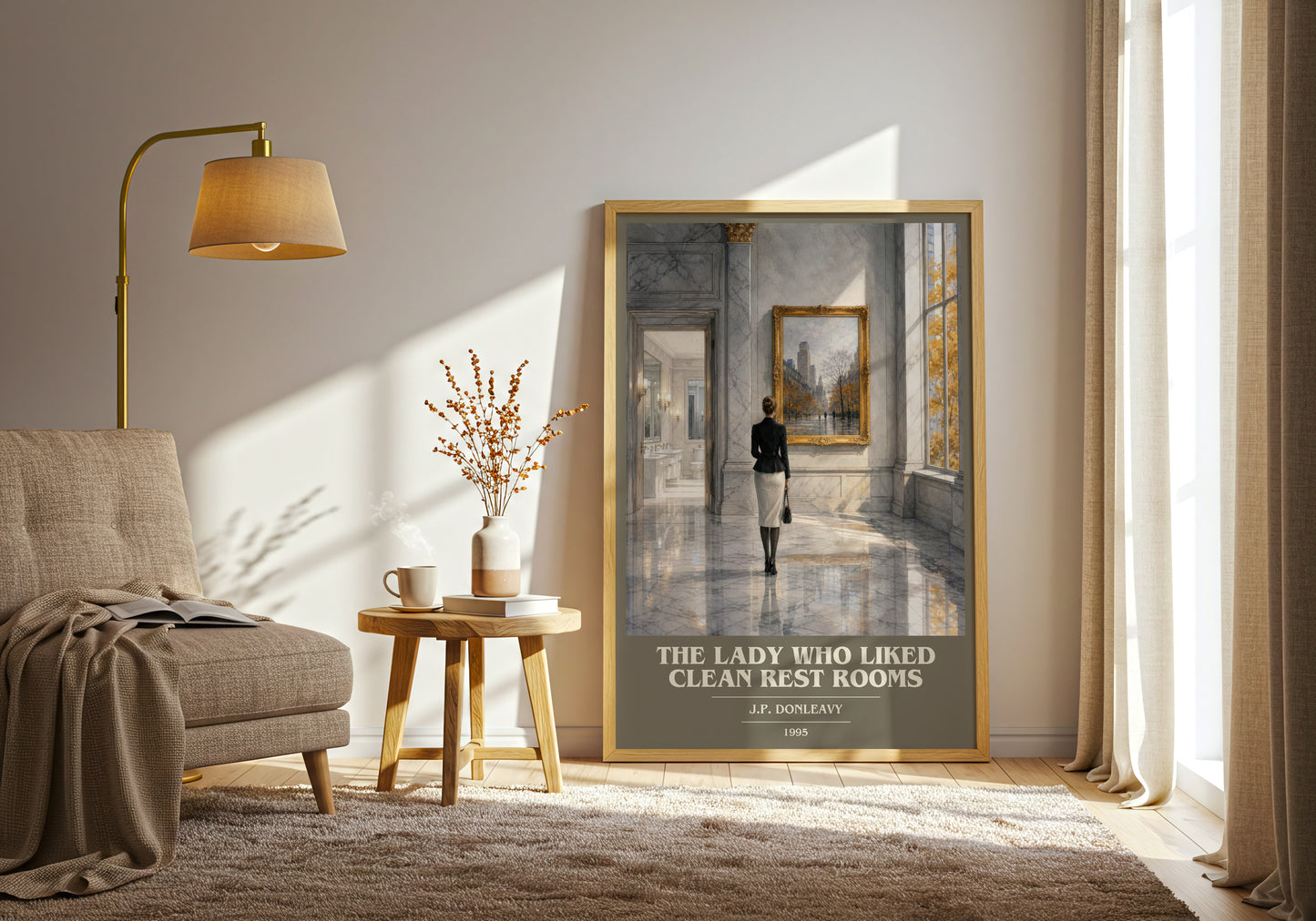 The Lady Who Liked Clean Rest Rooms book cover print on bookshelf – J.P. Donleavy fan gift