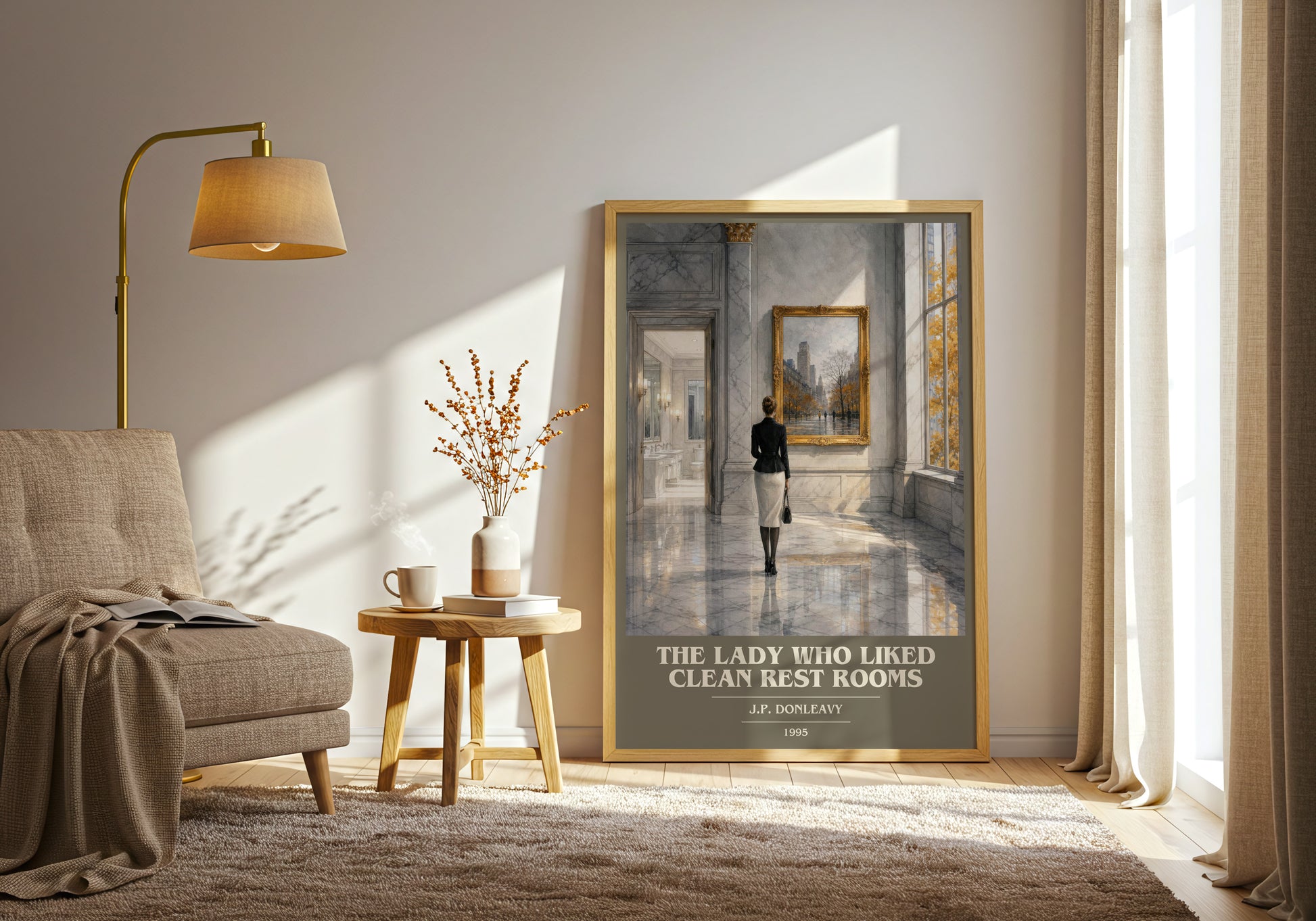 The Lady Who Liked Clean Rest Rooms book cover print on bookshelf – J.P. Donleavy fan gift