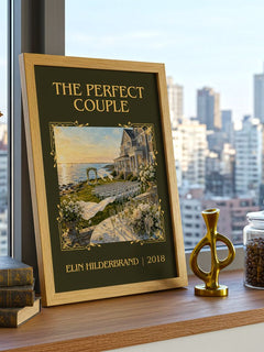 The Perfect Couple Classic Book Art Print by Elin Hilderbrand – framed print on a city-view windowsill