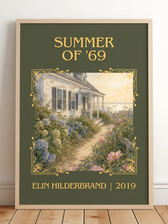 Summer of '69 Classic Book Art Print by Elin Hilderbrand – framed print leaning on a wooden floor
