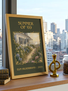 Summer of '69 Classic Book Art Print by Elin Hilderbrand – framed print on a city-view windowsill