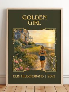 Golden Girl Classic Book Art Print by Elin Hilderbrand – framed print leaning on a wooden floor