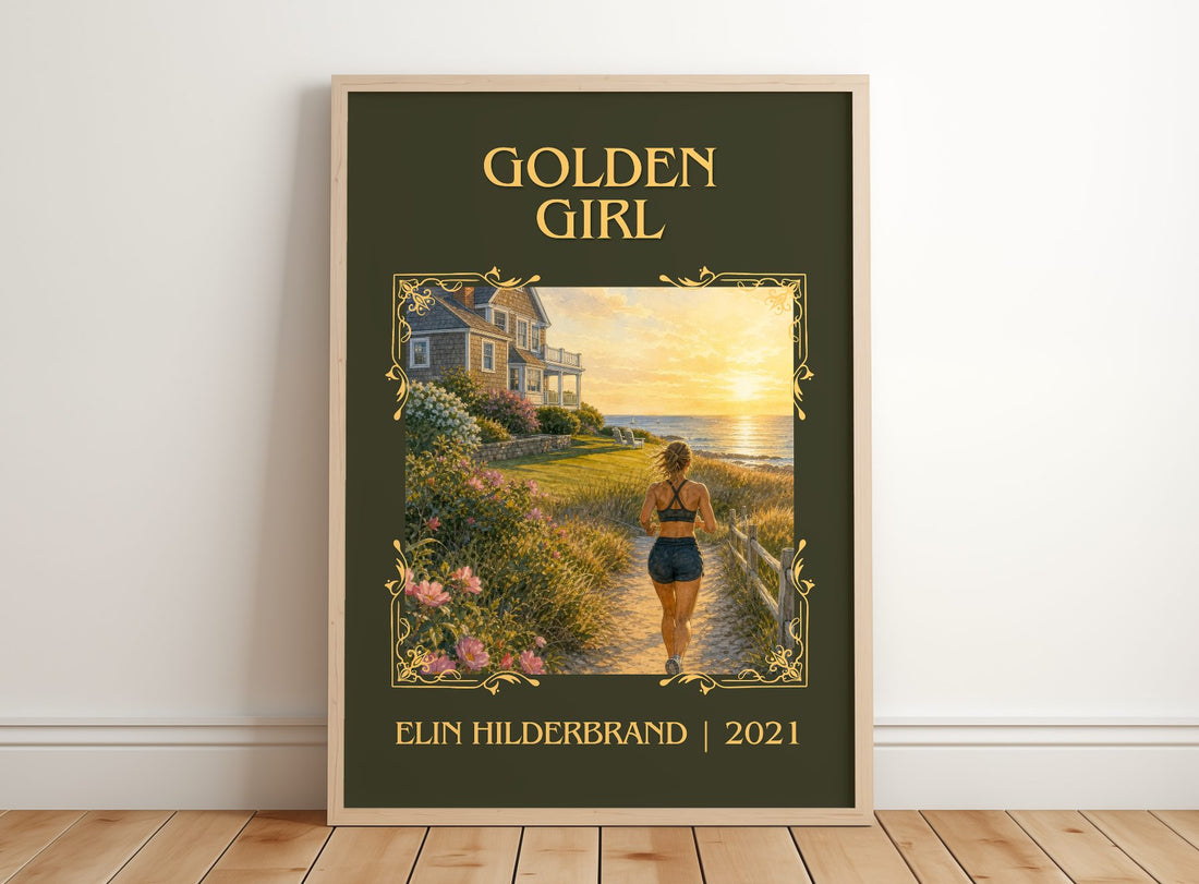 Golden Girl Classic Book Art Print by Elin Hilderbrand – framed print leaning on a wooden floor