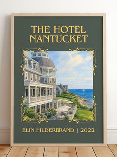 The Hotel Nantucket Classic Book Art Print by Elin Hilderbrand – framed print leaning on a wooden floor