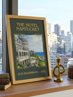 The Hotel Nantucket Classic Book Art Print by Elin Hilderbrand – framed print on a city-view windowsill