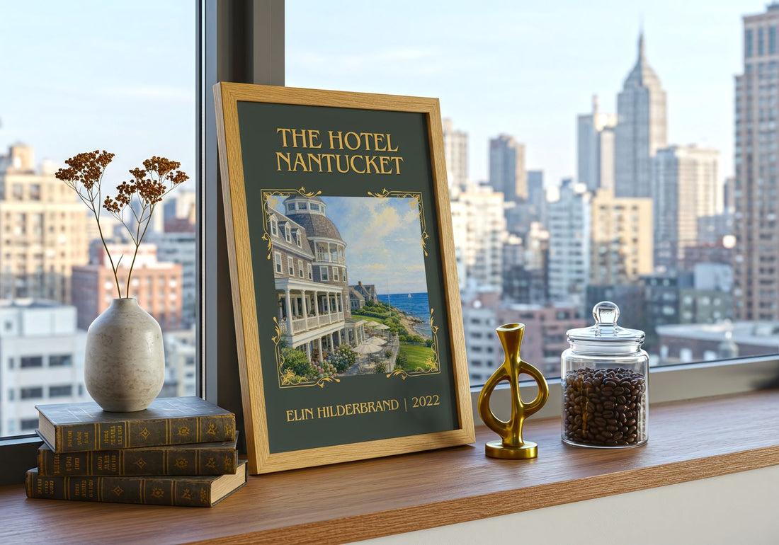 The Hotel Nantucket Classic Book Art Print by Elin Hilderbrand – framed print on a city-view windowsill