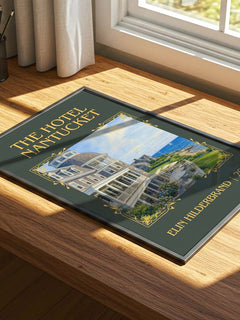 The Hotel Nantucket Classic Book Art Print by Elin Hilderbrand – print on a sunlit desk
