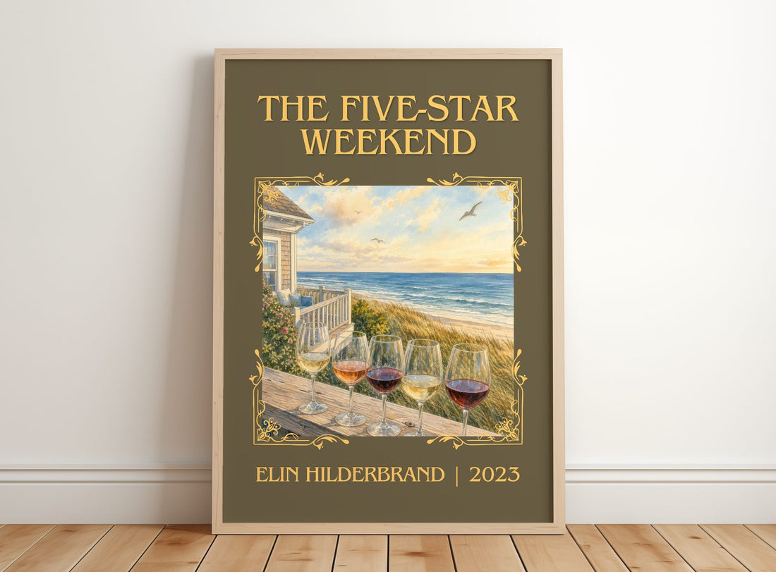 The Five-Star Weekend Classic Book Art Print by Elin Hilderbrand – framed print leaning on a wooden floor