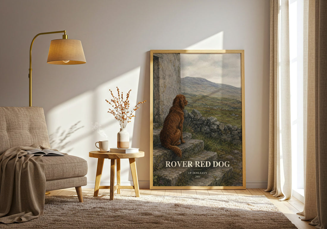 Rover Red Dog watercolour print in frame leaning in hallway – literary fiction wall art (mockup)