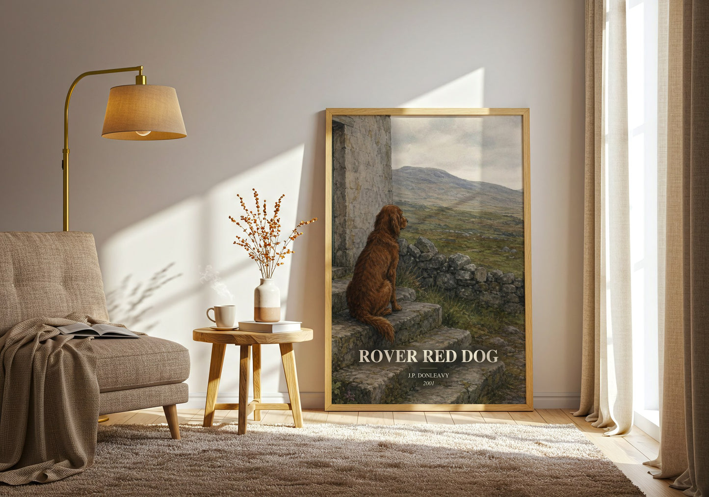 Rover Red Dog watercolour print in frame leaning in hallway – literary fiction wall art