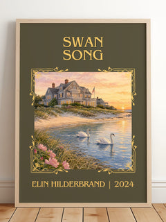 Swan Song Classic Book Art Print by Elin Hilderbrand – framed print leaning on a wooden floor