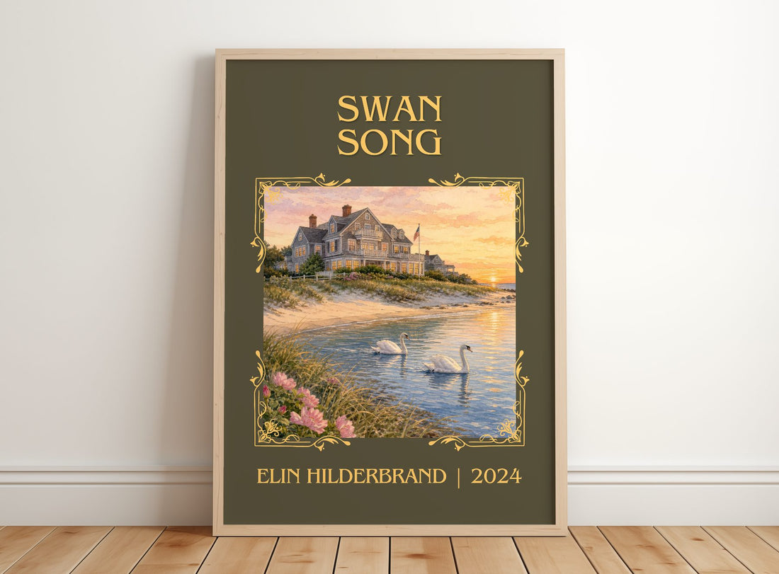 Swan Song Classic Book Art Print by Elin Hilderbrand – framed print leaning on a wooden floor