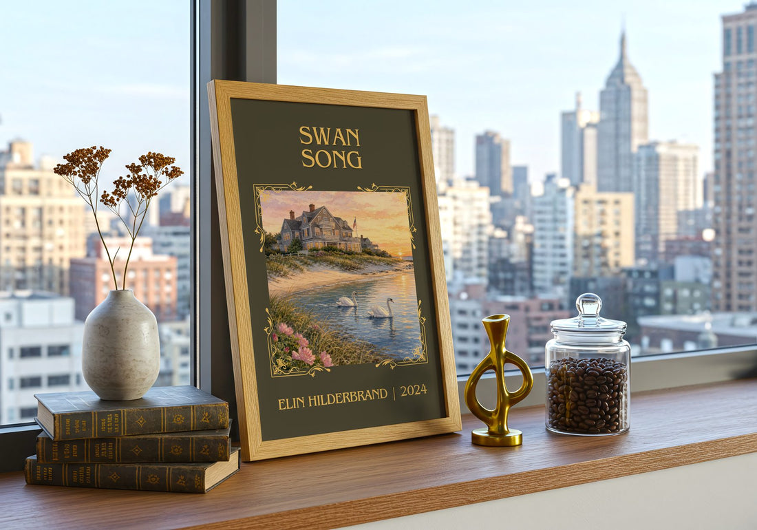 Swan Song Classic Book Art Print by Elin Hilderbrand – framed print on a city-view windowsill