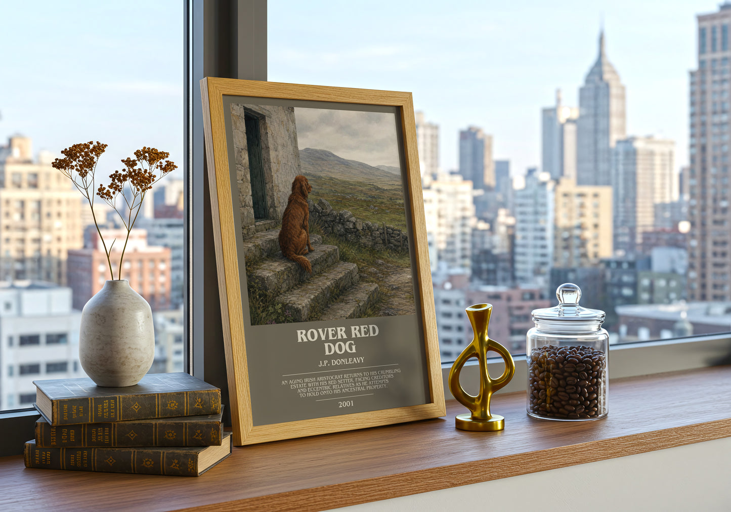 Rover Red Dog bookish print framed by window – literary home decor