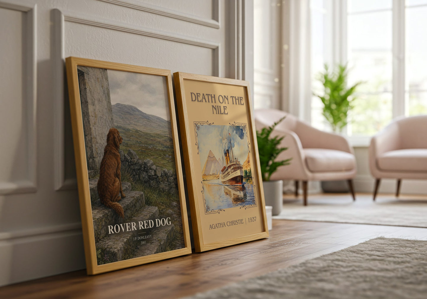 Rover Red Dog watercolour print framed by window – literary home decor