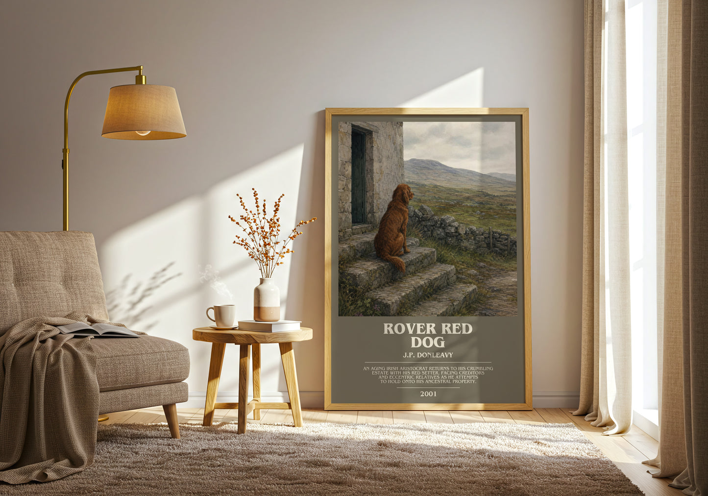 Rover Red Dog bookish print on bookshelf – J.P. Donleavy fan gift