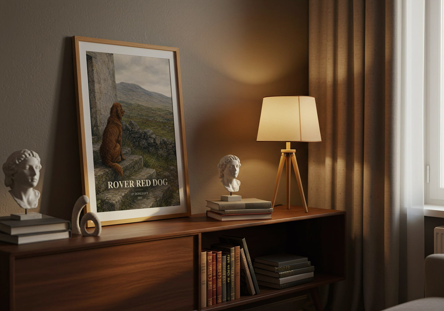 Rover Red Dog watercolour print on bookshelf – J.P. Donleavy fan gift