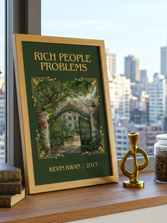 Rich People Problems Classic Book Art Print by Kevin Kwan – framed print on a city-view windowsill